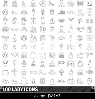 100 dame icons set style du contour, Illustration de Vecteur