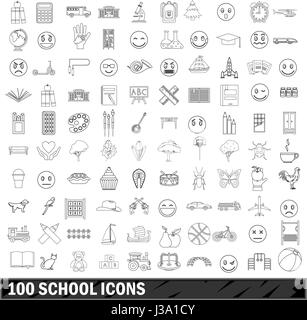 100 school icons set style du contour, Illustration de Vecteur