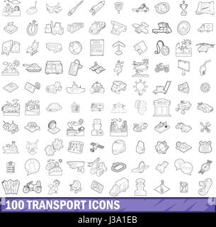 100 icônes de transport, jeu de style contour Illustration de Vecteur