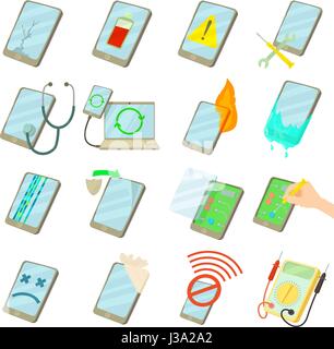 Téléphones portables réparation fix icons set, cartoon style Illustration de Vecteur