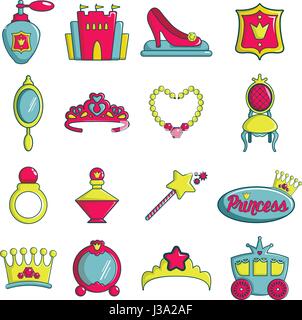 Poupée princesse icons set, cartoon style Illustration de Vecteur