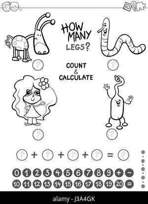 Cartoon noir et blanc Illustration de mathématique de l'éducation et de comptage plus Activité pour enfants avec des personnages amusants à colorier Illustration de Vecteur