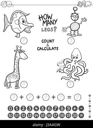 Cartoon noir et blanc Illustration de mathématique de l'éducation et de comptage plus jeu pour enfants d'âge préscolaire avec des personnages loufoques à colorier Illustration de Vecteur