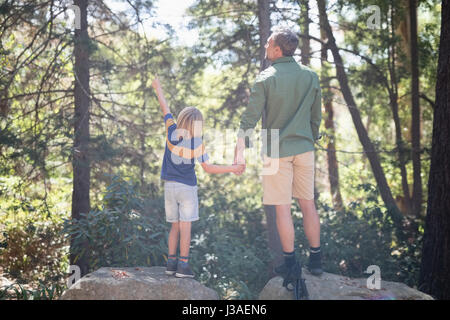 Vue arrière du garçon tout en pointant l'article avec le père dans la forêt Banque D'Images