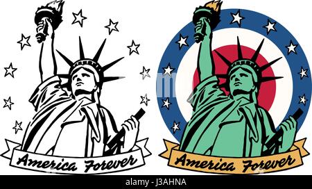Une icône graphique de la Statue de la Liberté avec une bannière lecture nord pour toujours Illustration de Vecteur