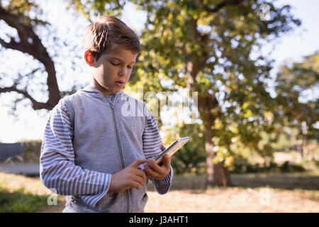 Petit garçon en utilisant votre téléphone mobile en forêt sur sunny day Banque D'Images