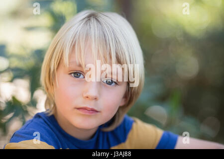 Close up portrait of cute little boy in forest Banque D'Images