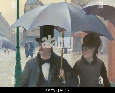 Ce gros plan de « Paris Street ; Rainy Day » par Gustave Caillebotte capture une vue détaillée d'une scène de rue pluvieuse à Paris. La peinture met en valeur le réalisme signature de Caillebotteâ€™, mettant en valeur la vie urbaine parisienne et les reflets dans les flaques d’eau. Banque D'Images