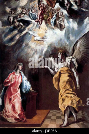 'L'Annonciation' d'El Greco est une peinture religieuse représentant le moment où l'ange Gabriel annonce à la Vierge Marie qu'elle concevra le fils de Dieu. L'œuvre est connue pour son utilisation dramatique de figures légères et allongées. Banque D'Images