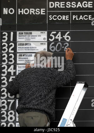 Le tableau de bord est mis à jour au cours de la deuxième journée de Badminton Horse Trials 2017. Banque D'Images