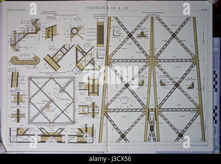 La Tour Eiffel, conçue par Gustave Eiffel, a été construite en 1887-1889 pour l'exposition universelle de 1889 à Paris. Ces plans illustrent le design original et les spécifications structurelles de ce monument emblématique parisien. Banque D'Images