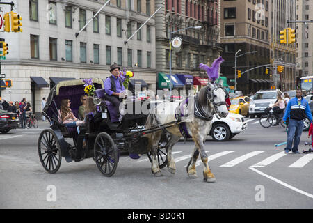 Cheval et du chariot avec les passagers traverse Central Park South et 6ème Avenued dans Central Park à Manhattan, New York City. Banque D'Images