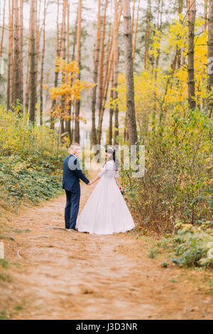Heureux jeune mariée et le marié se promener dans la forêt de pins d'automne Banque D'Images