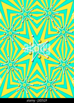 Les lignes obliques de vert et jaune ornent l'arrière-plan. Étoile en vert et jaune sont entourés de cercles 3D et perles. Banque D'Images