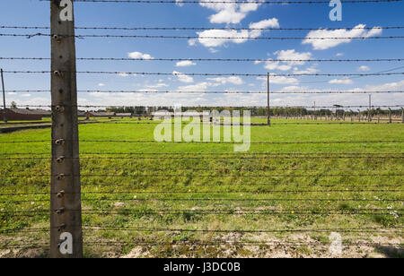 Barb Wire electric clôture entourant l'Auschwitz II-Birkenau ancien camp de concentration Nazi, Auschwitz-Birkenau, en Pologne, en Europe. Banque D'Images