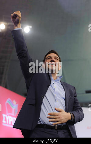 Le premier candidat, Alexis Tsipras est titulaire d'un discours à Thessalonique Banque D'Images