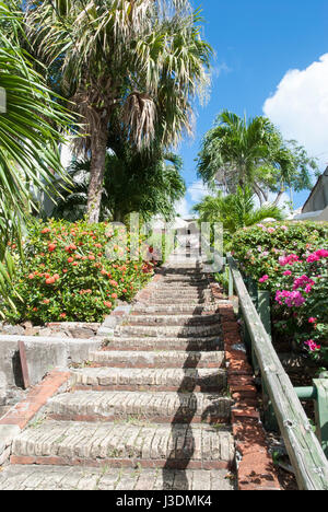 L'ancien escalier à Charlotte Amalie ville sur l'île de Saint Thomas (U.S. Îles Vierges américaines). Banque D'Images