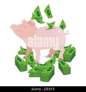 Argent rose cochon tirelire avec du papier et des piles de dollars verts voler dans le trou. Illustration pour votre conception. Illustration de Vecteur