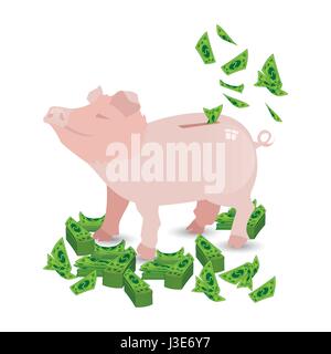 Argent rose cochon tirelire avec mes paquets de papier green dollars d'hémorroïdes et de voler dans le trou. Illustration pour votre conception. Illustration de Vecteur