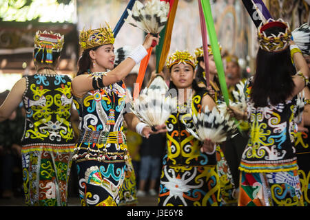 Les filles dansant à une performance dans Pampang. Ces filles sont des filles. Dayak Kenyah L'un des nombreux groupes Dayak qui résident dans l'île de Kalimantan Banque D'Images