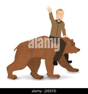 Vladimir Poutine A Cheval Sur Un Ours Brun Sauvage Sur Le Fond Du Drapeau De La Russie Illustration Pour Votre Conception La Marche De L Ours Sur Fond Blanc Pr Image Vectorielle Stock