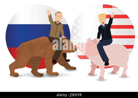 Donald Trump et Vladimir Poutine sont équitation un cochon et un ours. Dans le contexte de l'American et drapeau russe. Illustration pour votre conception. Pr Illustration de Vecteur