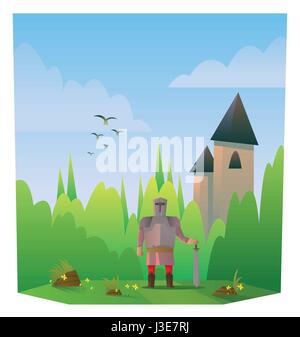 Vector cartoon numérique abstraite guerrier fighter avec des armures de métal et l'épée, château, sur fond bleu avec des nuages, télévision style triangle Illustration de Vecteur