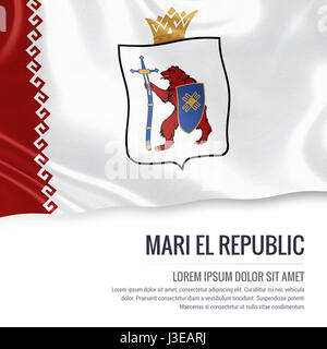 L'état russe de brandir le drapeau de la République de Mari El isolés sur un fond blanc. Nom de l'état et la zone de texte pour votre message. 3D illustration. Banque D'Images