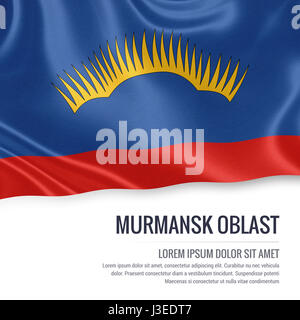 L'Etat russe Oblast de Mourmansk drapeaux sur un fond blanc. Nom de l'état et la zone de texte pour votre message. 3D illustration. Banque D'Images