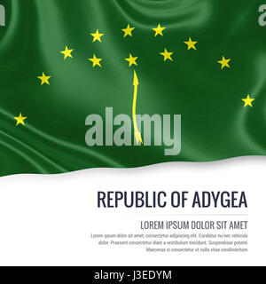 L'Etat russe République de Adygea drapeaux sur un fond blanc. Nom de l'état et la zone de texte pour votre message. 3D illustration. Banque D'Images