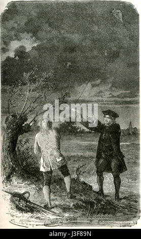 Cette gravure représente la célèbre expérience de Benjamin Franklinâ€™ avec la foudre, mettant en évidence le moment où il a fait voler un cerf-volant lors d’un orage, une découverte révolutionnaire dans l’étude de l’électricité. Banque D'Images