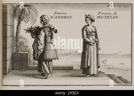 Cette illustration de Joseph Pitton de Tournefort, datant de 1717, représente une femme d’Andros et Metelin, mettant en valeur les études ethnographiques détaillées de l’époque. Les travaux de Tournefort ont contribué au domaine de la botanique et de l'anthropologie. Banque D'Images