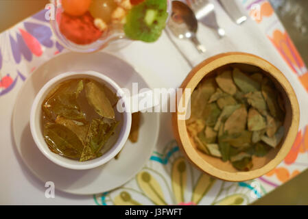 Tisane de coca traditionnelle Vue de dessus. Boisson thé vert herbe Banque D'Images