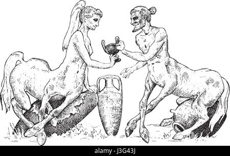 Vin partage deux Centaurus illustration, faites à la main ou à la vieille gravé, bêtes fantastiques fées moitié homme avec l'organisme, la mythologie grecque Illustration de Vecteur