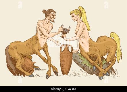 Vin partage deux Centaurus illustration, faites à la main ou à la vieille gravé, bêtes fantastiques fées moitié homme avec l'organisme, la mythologie grecque Illustration de Vecteur