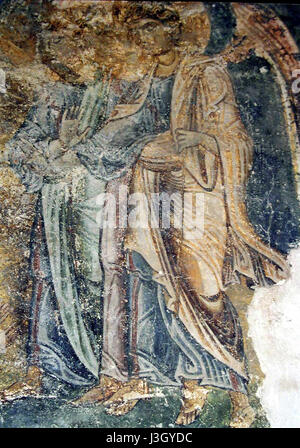 Cette image présente des fresques de l'église Sophia à Ohrid, Macédoine du Nord, mettant en valeur des œuvres d'art religieuses médiévales complexes, un site culturel et historique important dans la région. Banque D'Images