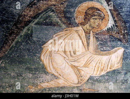 Les fresques de l'église Sophia d'Ohrid, en Macédoine du Nord, sont réputées pour leur style artistique médiéval et leur signification religieuse, datant du XIe siècle et représentant des scènes de la théologie chrétienne. Banque D'Images