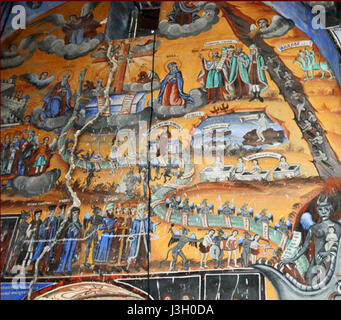 Cette œuvre, intitulée 'Freska od Sv. Ilija vo Melnica' (la fresque de « Elijah in Melnica »), met en valeur l'art religieux typique des traditions d'Europe de l'est, représentant probablement une scène biblique ou sainte. Des fresques comme celle-ci sont souvent trouvées dans les églises orthodoxes, avec des couleurs vives et un symbolisme religieux complexe. Banque D'Images