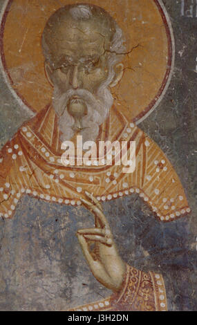 Les fresques de l'église Nikita de Banjani mettent en valeur l'art religieux orthodoxe oriental traditionnel, représentant des scènes de saints et de figures bibliques dans des couleurs vives, reflétant la signification historique et spirituelle de l'église. Banque D'Images