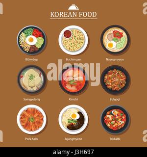 Ensemble de la nourriture coréenne modèle plat. L'alimentation de rue en Asie. Illustration de Vecteur