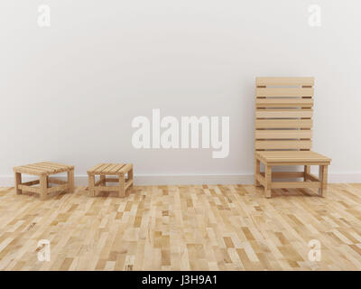 Chambre d'intérieur et design chaise en bois en 3D render Banque D'Images