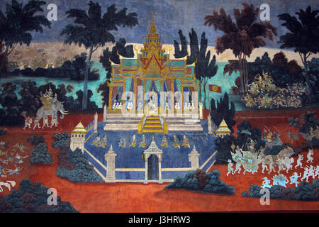 Une murale sur un mur entourant la Pagode d'argent au Palais Royal, Phnom Penh, Cambodge. Banque D'Images