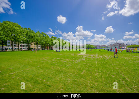 Amsterdam, Pays-Bas - 10 juillet 2015 : grand parc verdoyant avec des arbres et l'herbe des champs dans la ville, beau ciel bleu. Banque D'Images