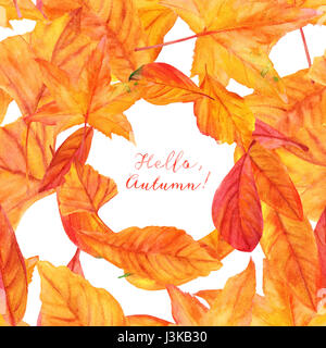 Bonjour, l'automne avec les feuilles d'automne dynamique, jaune et orange. Un modèle artistique pour une carte, dépliant, invitation ou Banque D'Images