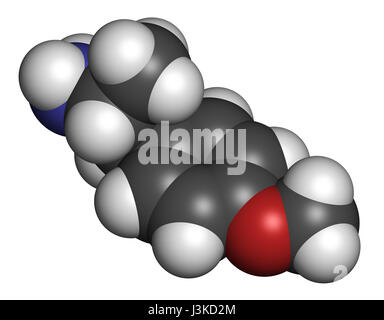 P-méthoxyamphétamine (AGP) Drogue hallucinogène molécule. Conduit souvent à l'empoisonnement mortel lorsque l'erreur de la MDMA (XTC, ecstasy). Les atomes sont figuratif Banque D'Images