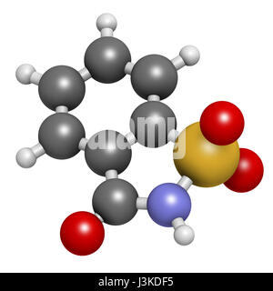 La saccharine édulcorant molécule. Les atomes sont représentés comme des sphères classiques avec codage couleur : blanc (hydrogène), carbone (gris), l'azote (b Banque D'Images