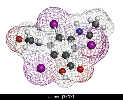 Diatrizoic (acide, le diatrizoate amidotrizoate) molécule de contraste. Les atomes sont représentés comme des sphères classiques avec codage couleur : blanc (l'hydrogène Banque D'Images