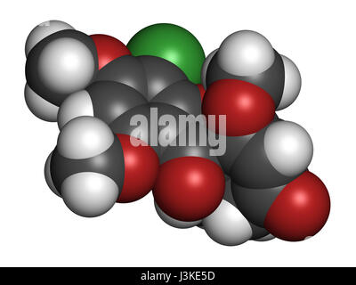 La griséofulvine antimycotic molécule pharmaceutique. Utilisé pour traiter les infections fongiques de la peau et des ongles. Les atomes sont représentés comme des sphères classiques avec colo Banque D'Images