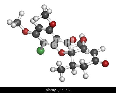 La griséofulvine antimycotic molécule pharmaceutique. Utilisé pour traiter les infections fongiques de la peau et des ongles. Les atomes sont représentés comme des sphères classiques avec colo Banque D'Images