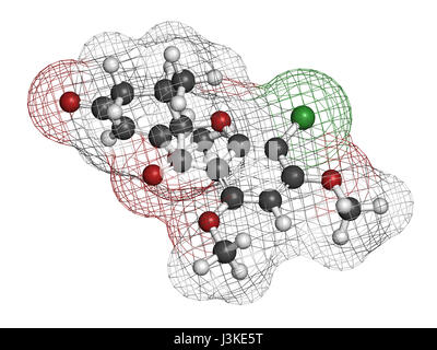 La griséofulvine antimycotic molécule pharmaceutique. Utilisé pour traiter les infections fongiques de la peau et des ongles. Les atomes sont représentés comme des sphères classiques avec colo Banque D'Images